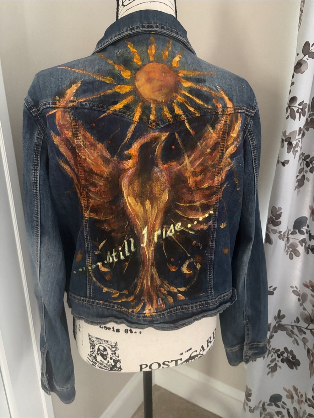 Hand-Painted Upcycled Blue Denim Jacket with Gold Phoenix Design still I rise